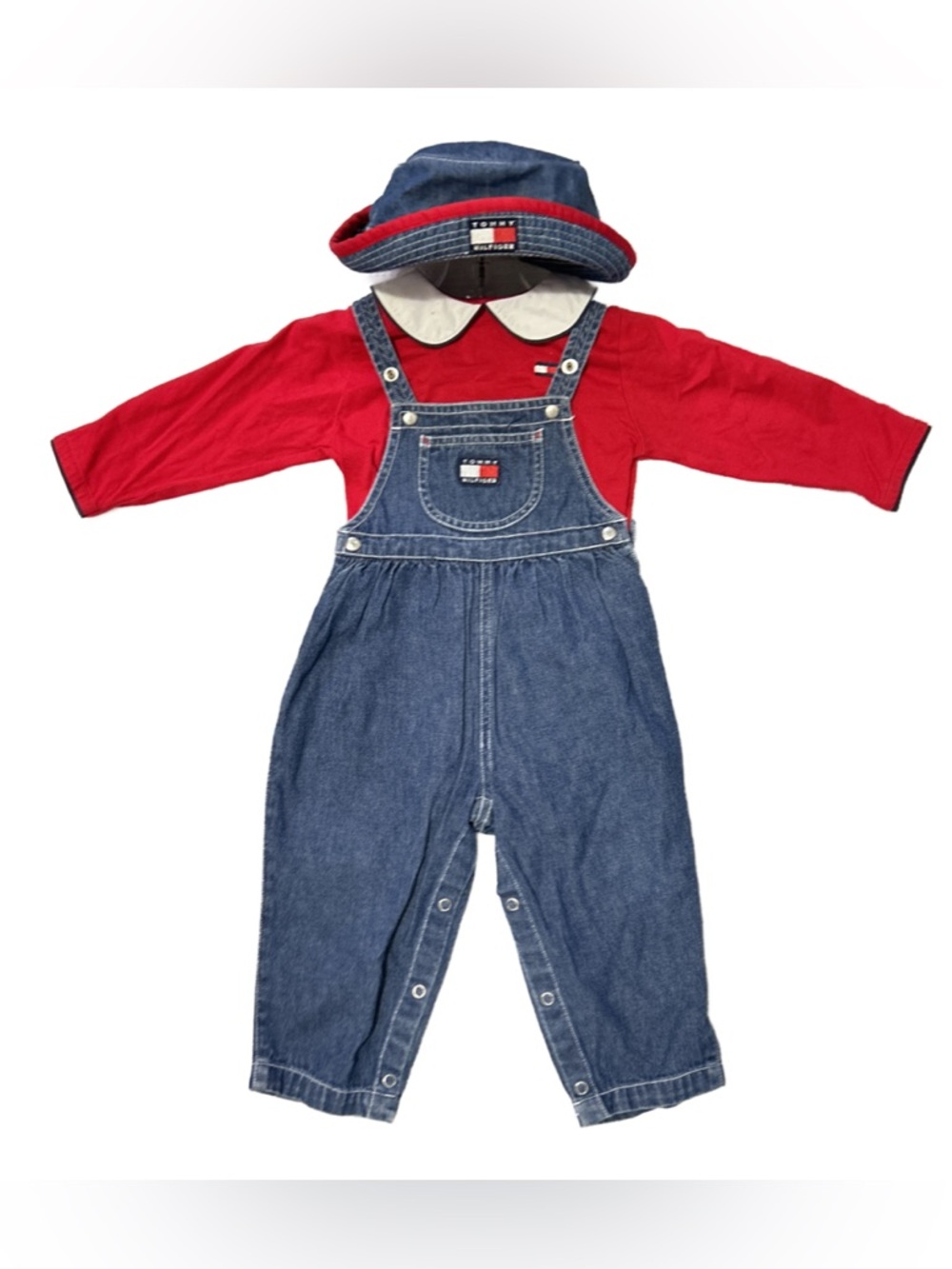 VTG Tommy Hilfiger Baby Girl 3PC Overall Set 18-24M Denim Red Hat 90s